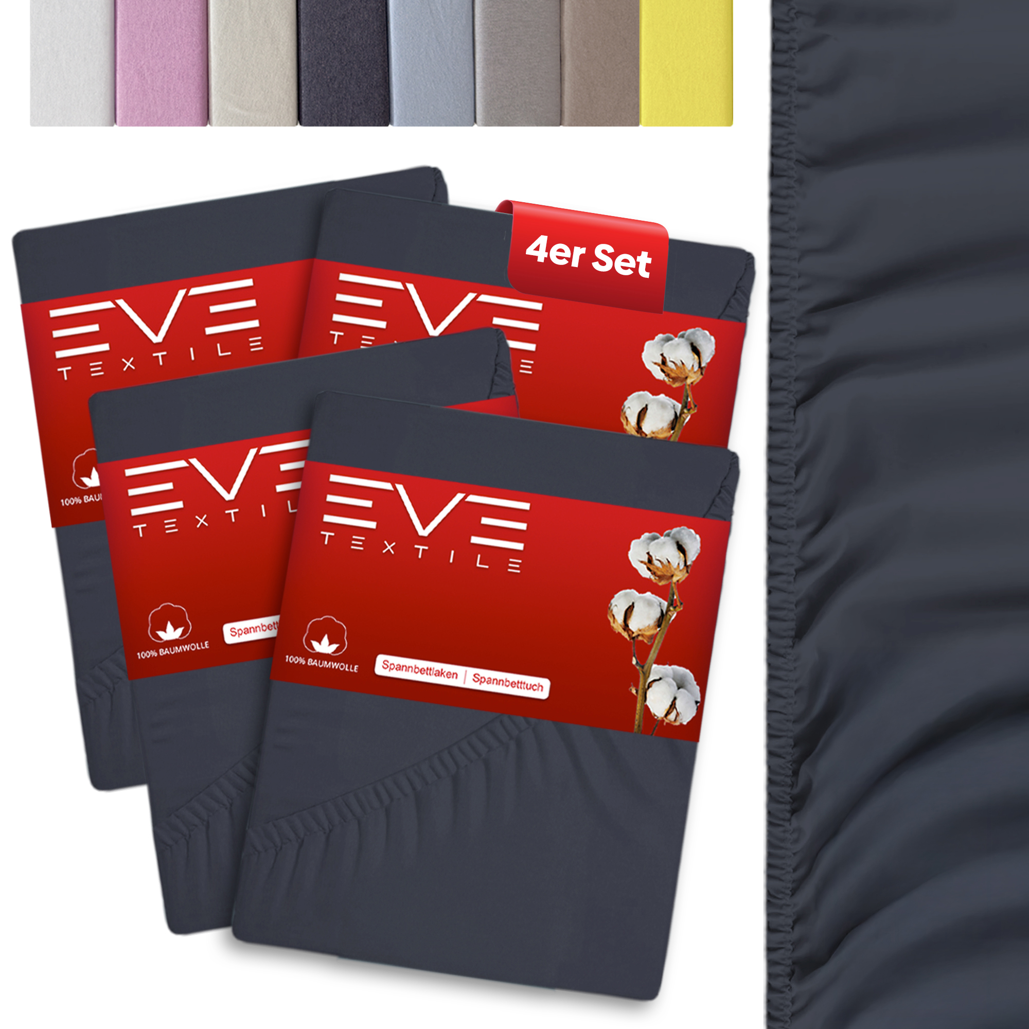 Eve Textile® Spannbettlaken 100x200 cm 4er Set Anthrazitgrau Jersey