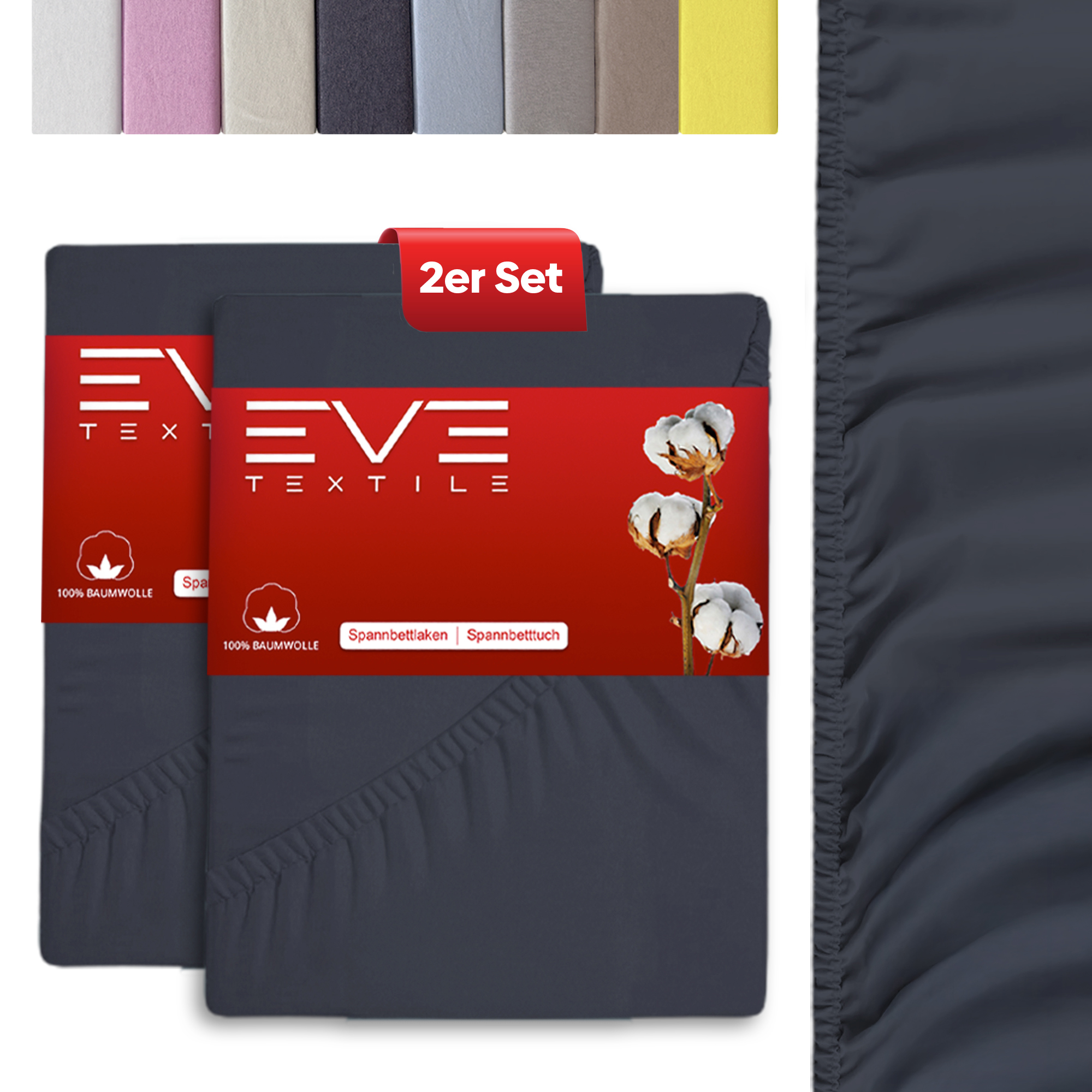 Eve Textile® Spannbettlaken 100x200 cm 2er Set Anthrazitgrau Jersey